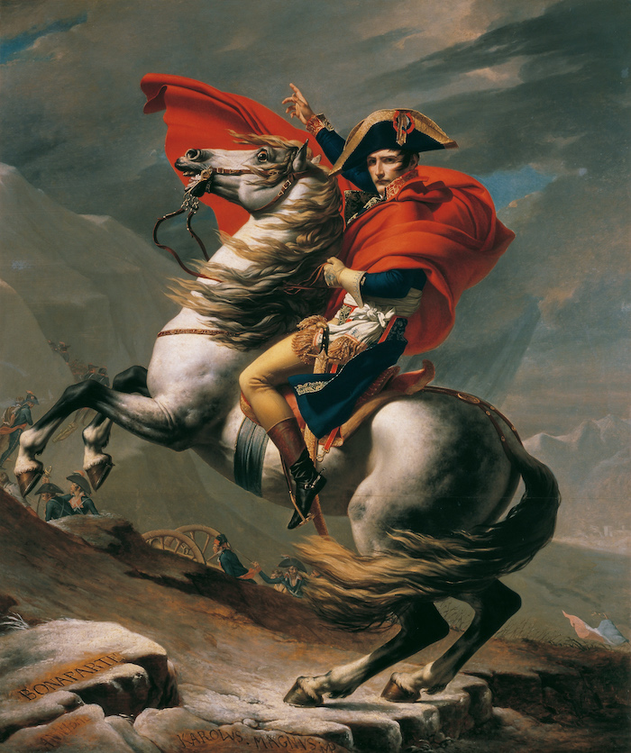 Napoleon with a red cap on a rearing white horse