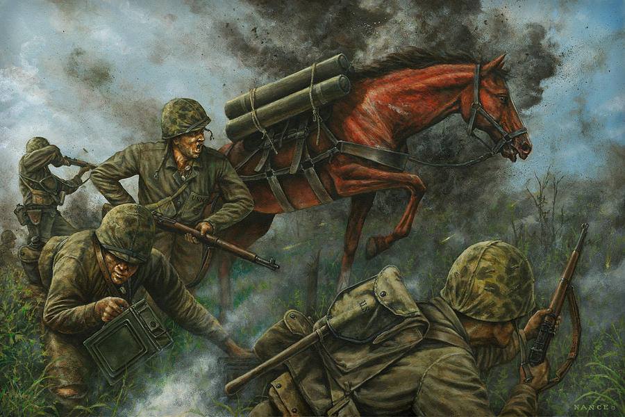 Painting of a horse carrying ammunition through battle