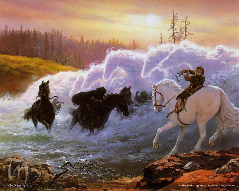 A hobbit on a white horse with Nazguil being chased by white water horses.