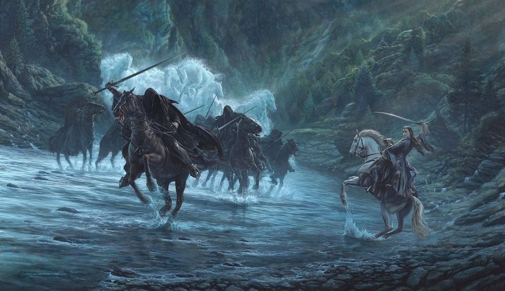 Arwen and Frodo on a white horse with Nazgul crossing the water.
