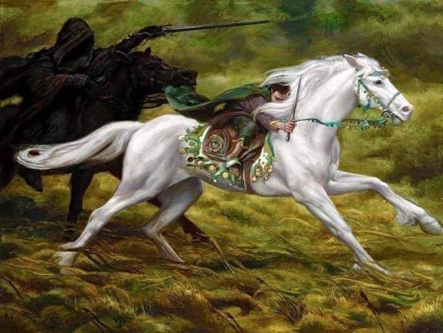 Frodo clinging to the back of a white horse with a Nazgul in pursuit.