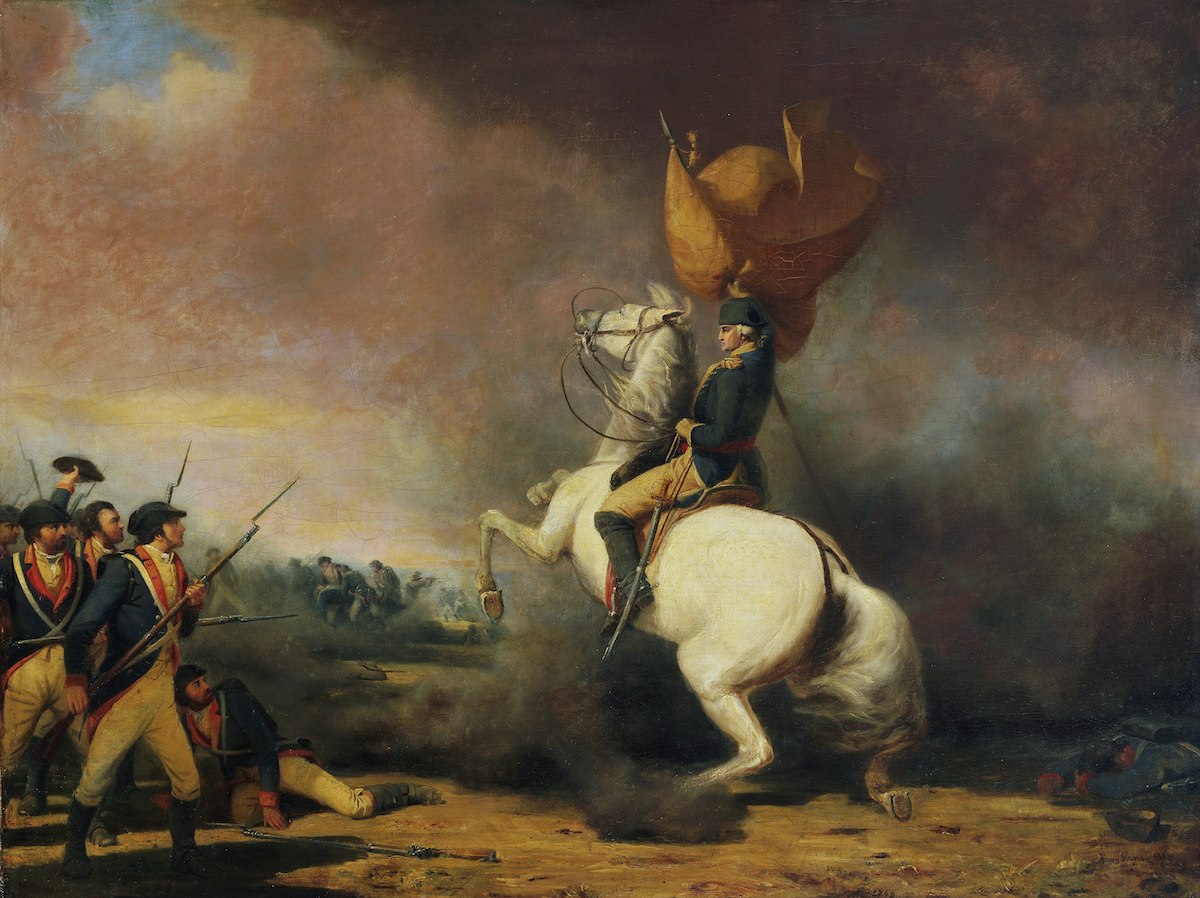 George Washington on the battlefield with his horse, Blueskin