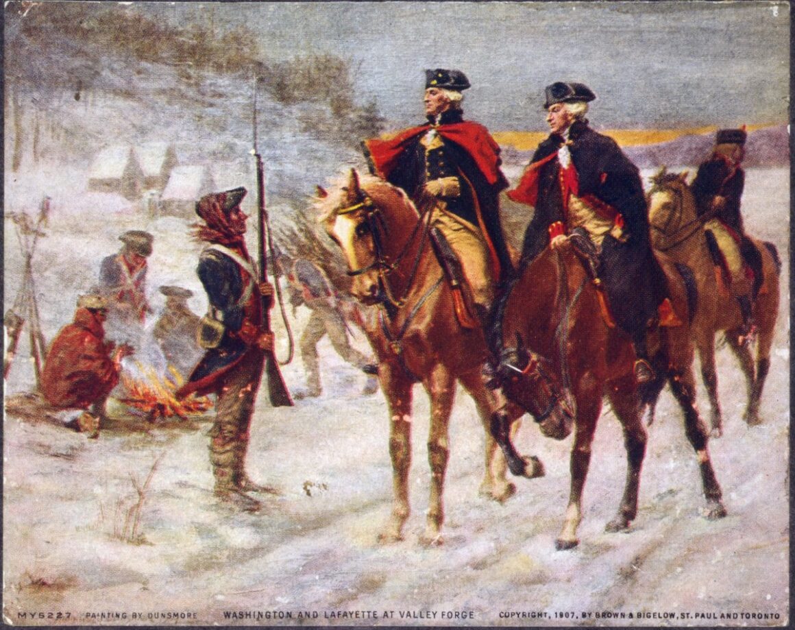 George Washington on his chestnut horse, Nelson, with other riders