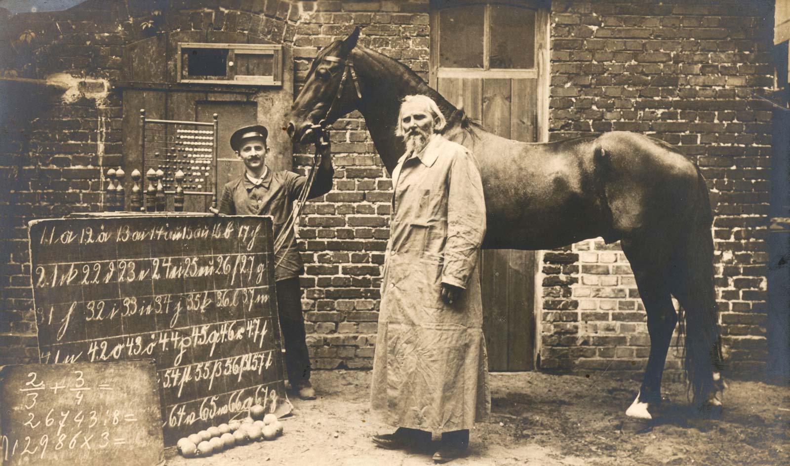 Clever Hans with his owner in a black and white photo