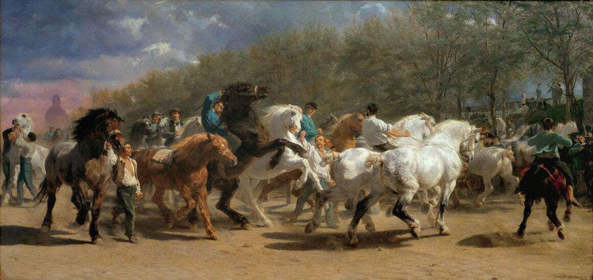 Painting of people taking horses to the fair to sell