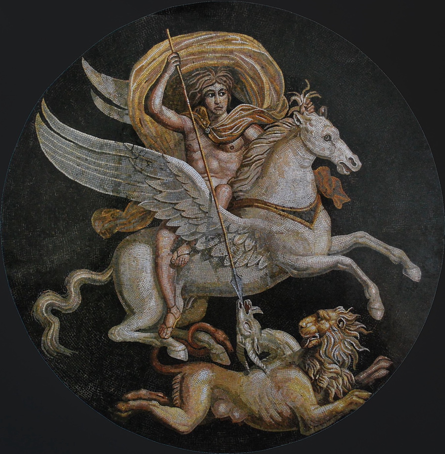A man riding a pegasus and slaying a beast