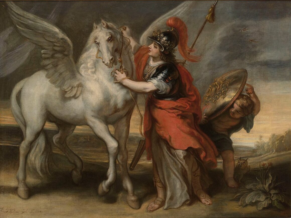 Athena in armor taming pegasus