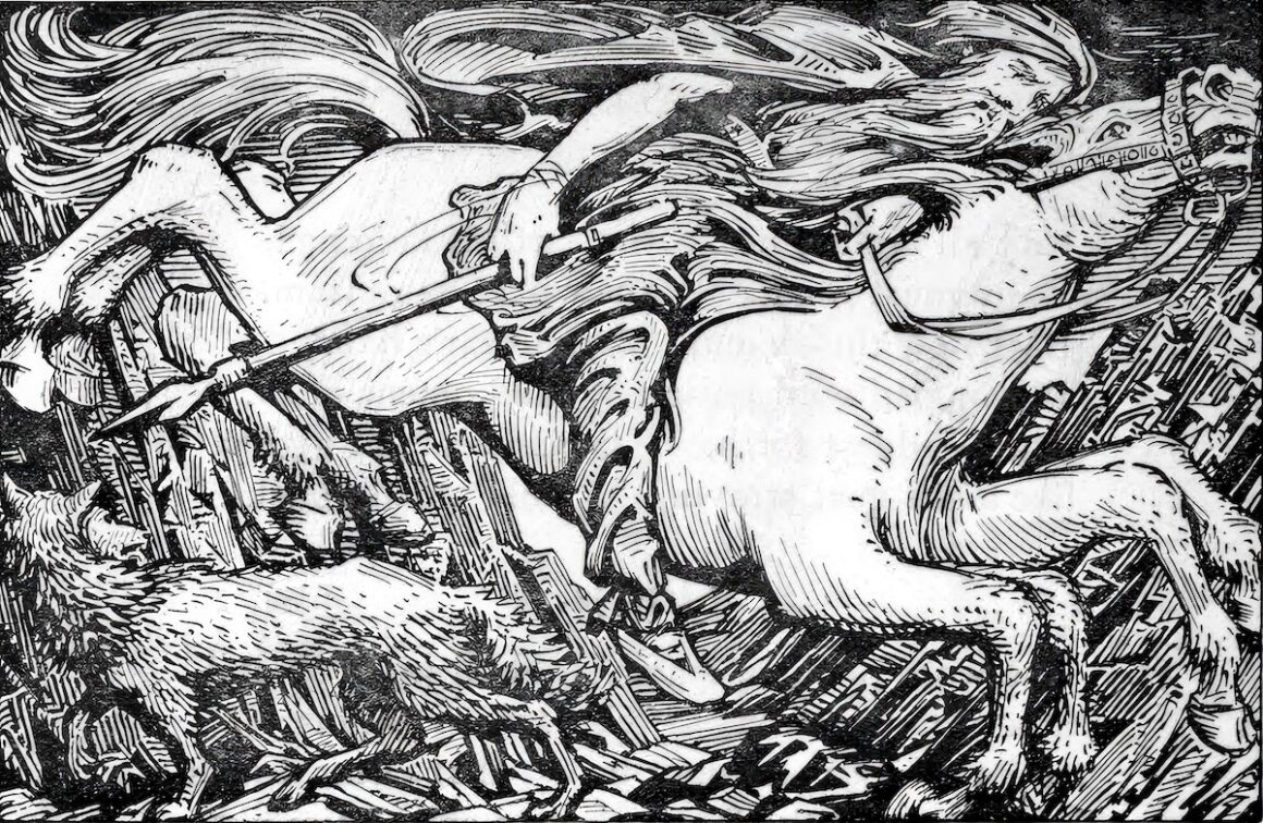 Black and white drawing of Odin riding Sleipnir to Hel