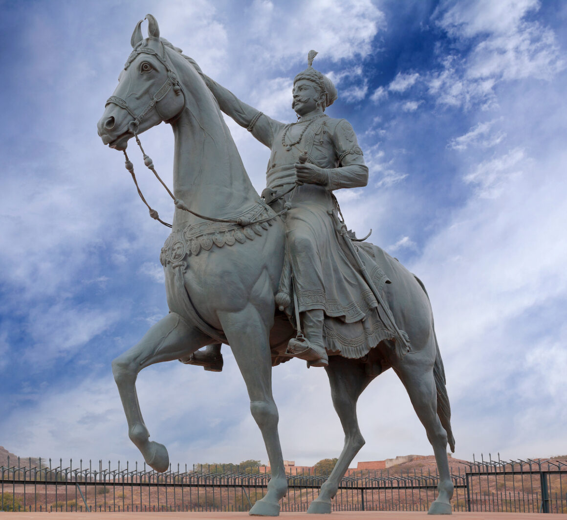 Statue of a rider on a Marwari horse
