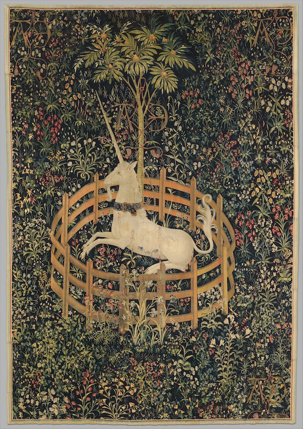 Tapestry showing a unicorn in a garden 