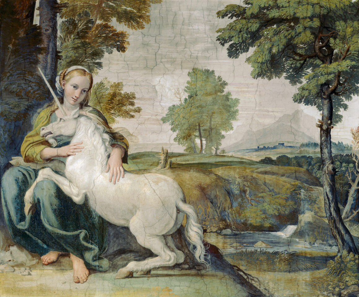 Painting of a maiden holding a unicorn