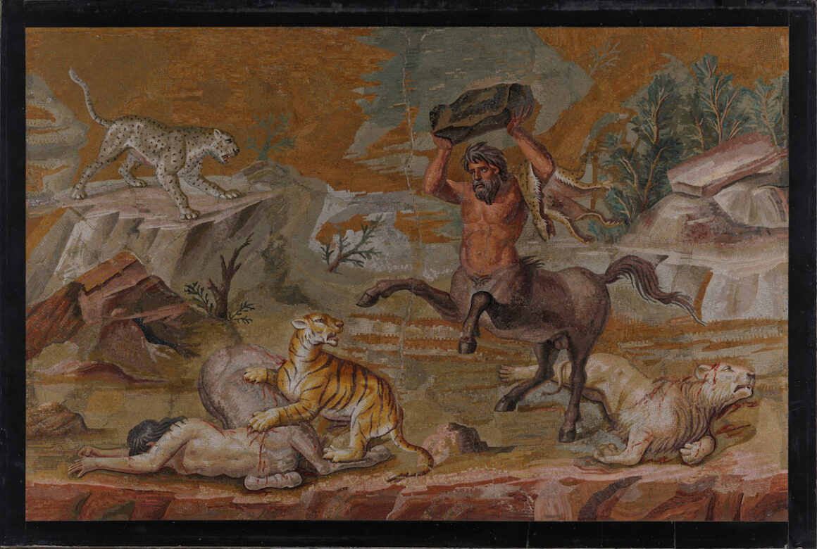 A centaur battles wild beasts with a large rock