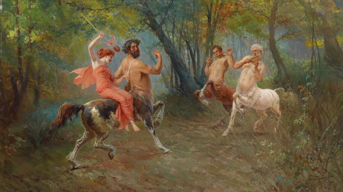Three centaurs playing music in the forest with a woman