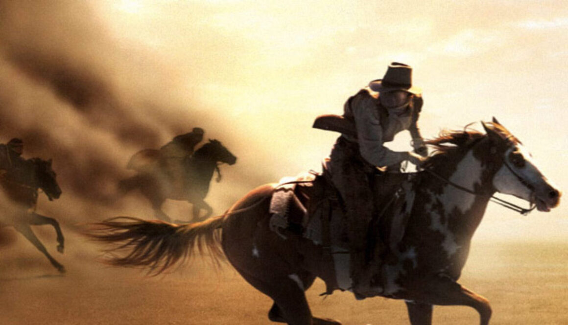 Man racing a horse in a sand storm