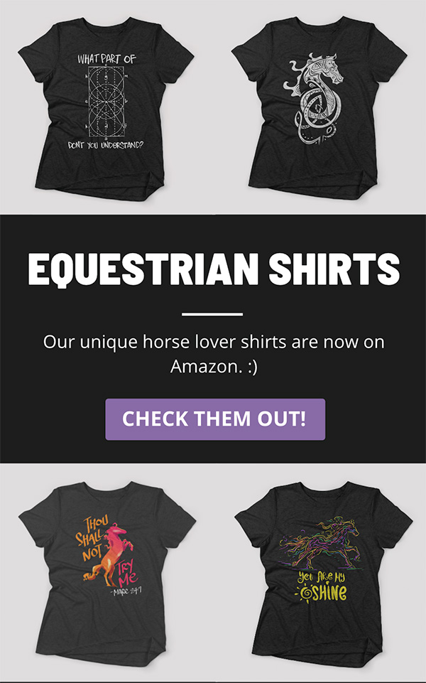 Four equestrian shirts along with promo text to visit the Amazon shop