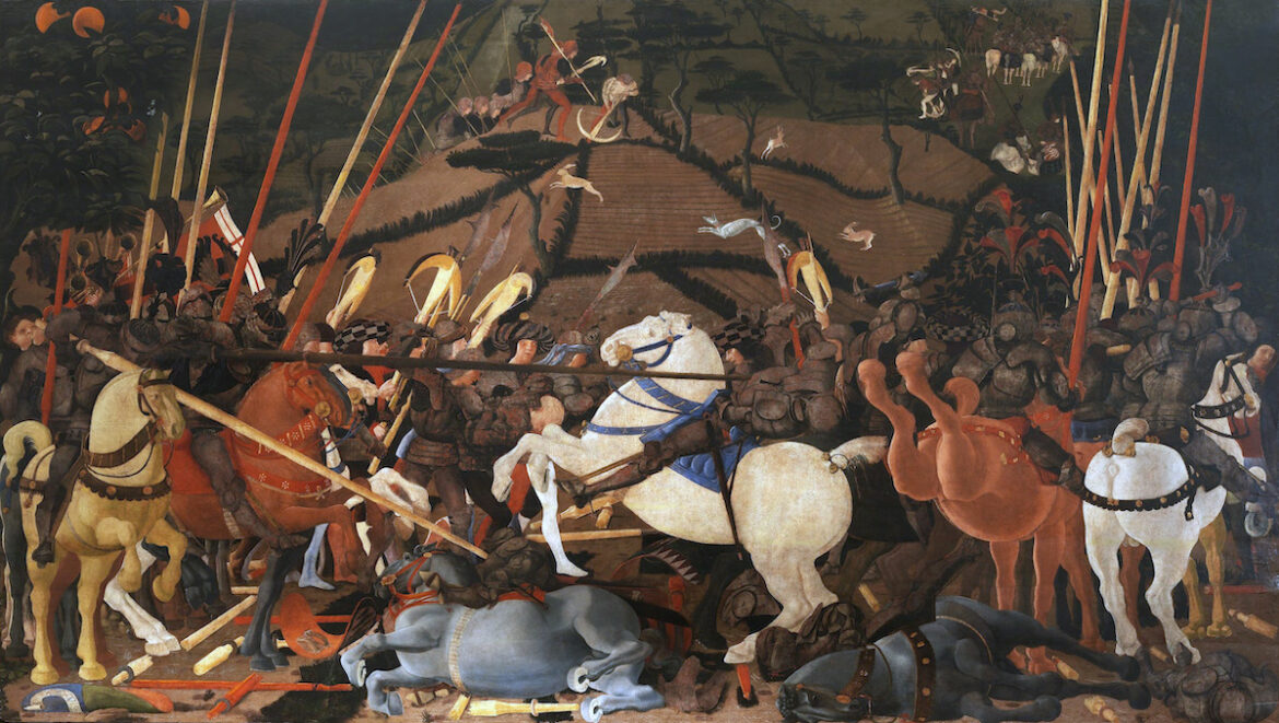 Medieval painting showing horses in battle