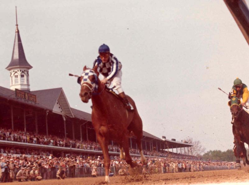 Secretariat crossing the finish line at the Kentucky Derby